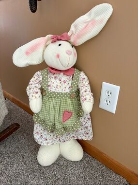 Plush Bunny Doll in Cream & Pink with Green Dress -